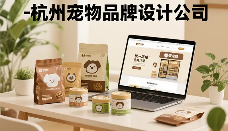 杭州宠物品牌设计公司助力传统工厂转型后的成果展示，包含系列化宠物食品包装设计成品、电商页面视觉及门店形象