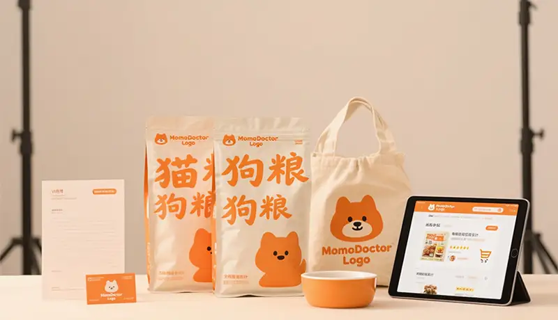 宠物品牌全案设计成果展示，包含统一的宠物食品包装设计、VI应用及电商界面
