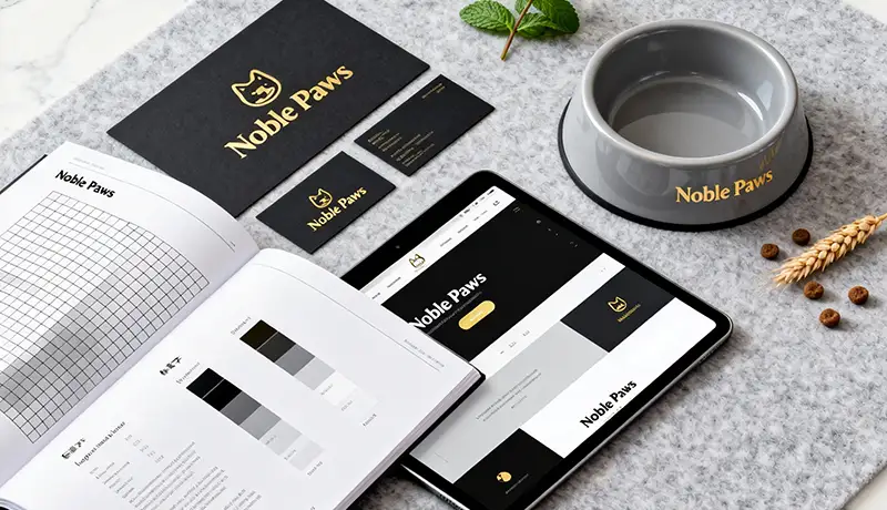 Noble Paws宠物品牌视觉识别系统（VI）应用场景展示，包括品牌手册、名片、数字设备界面与宠物用品，体现宠物品牌全案设计的统一性与高端感