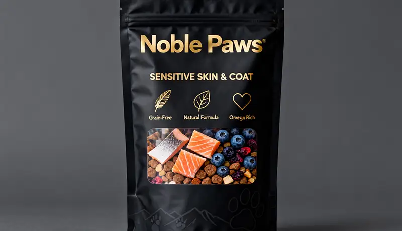 Noble Paws高端天然宠物食品包装袋正面设计，展示简约高端的宠物食品包装设计，包含清晰的品牌logo、核心卖点图标与原料可视化窗口