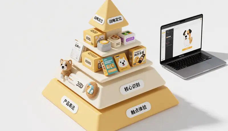 宠物品牌全案设计金字塔模型实物展示,由包装盒、VI手册、IP玩偶等核心元素堆叠,层次分明地呈现战略、识别、产品、体验四大构建层级。