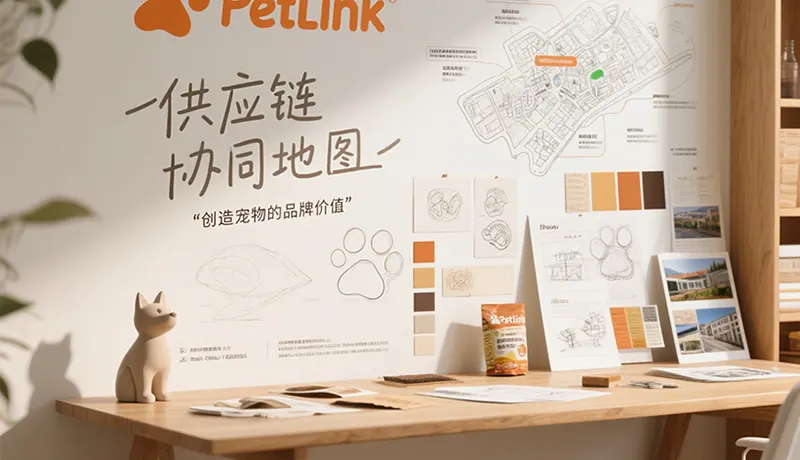 杭州宠物品牌设计公司专业团队进行宠物品牌全案设计的创意工作场景，包含品牌策略白板、包装设计草图、材料样板与供应链工厂实景照片的协同工作墙