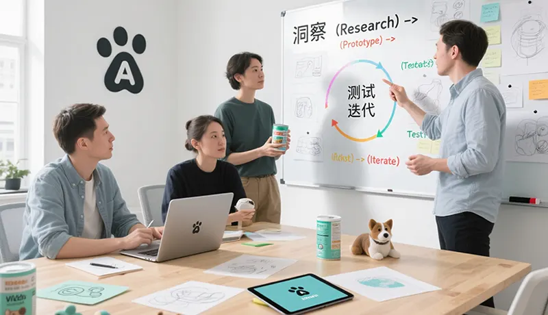 杭州宠物品牌设计公司团队运用敏捷创新模式进行宠物品牌全案设计的工作场景，白板上展示着洞察-原型-测试-迭代循环图