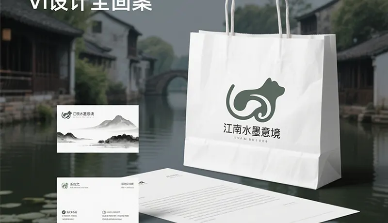 杭州宠物品牌设计公司创作的宠物品牌VI设计全案，展示融入江南水墨意境的Logo、名片、信纸及手提袋