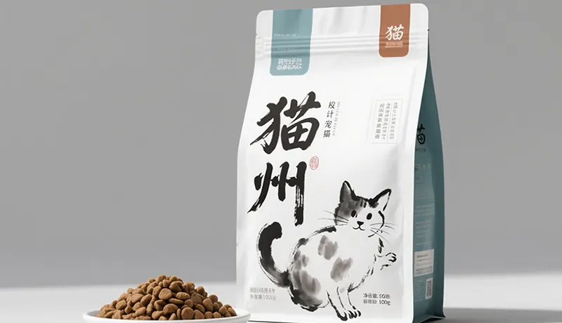 由杭州宠物品牌设计公司操刀的猫粮包装设计，展现水墨画与书法字体融合的杭州宠物食品包装设计