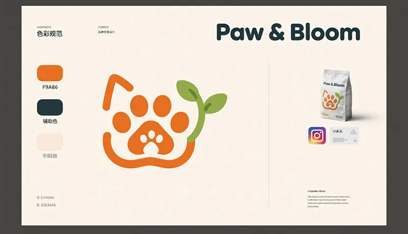 Paw & Bloom宠物品牌全案设计展示，包含品牌标志、色彩系统、辅助图形及包装应用，展示杭州宠物品牌设计公司构建统一视觉识别体系的专业能力
