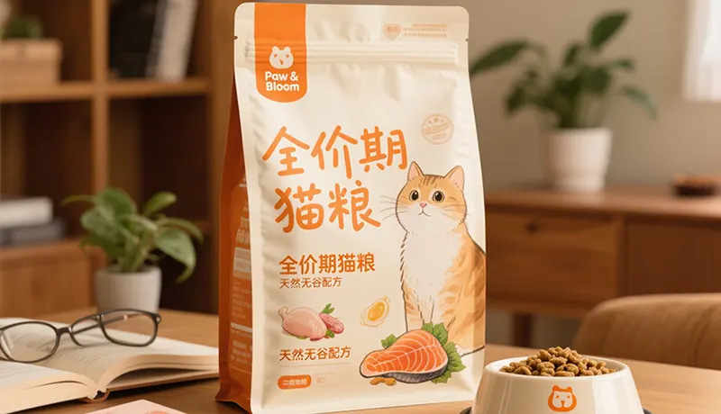 由杭州宠物包装设计公司创作的Paw & Bloom天然粮系列包装设计实景效果，体现从品牌战略到包装美学的落地转化