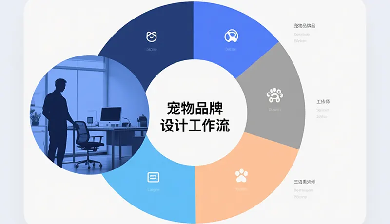 宠物品牌设计公司专属工作流程图解，展示从战略诊断、VI设计、包装设计到落地执行的完整闭环，体现宠物品牌全案设计的系统性