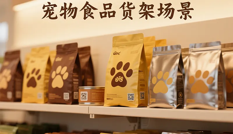 宠物智能包装设计货架展示，包含带有统一品牌logo、二维码与NFC芯片的宠物食品包装设计，由杭州宠物品牌设计公司创作