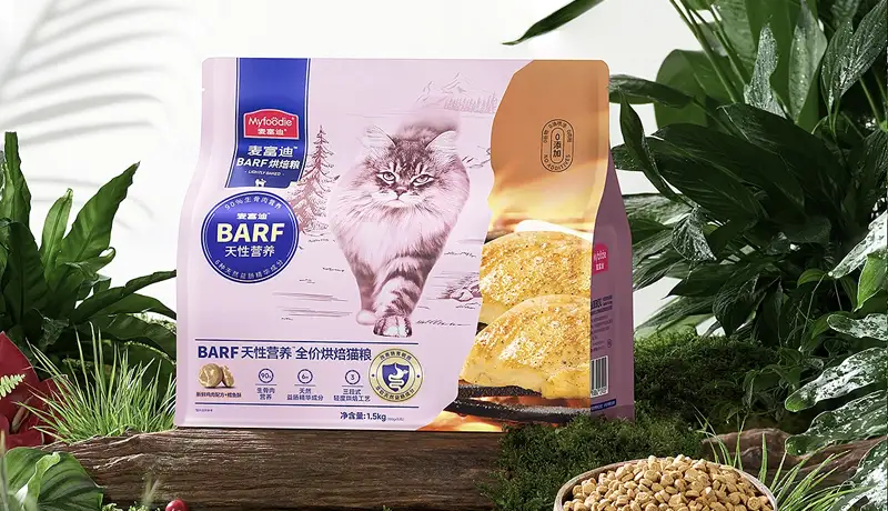 宠物品牌设计公司为高端天然宠物食品设计的包装示例,展示猫粮袋上的猫科动物主视觉与天然元素