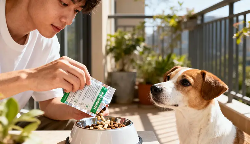 主人正在阳台为爱犬拌入宠物保健品,日常互动中建立信任。宠物包装设计与使用体验的亲和力至关重要。