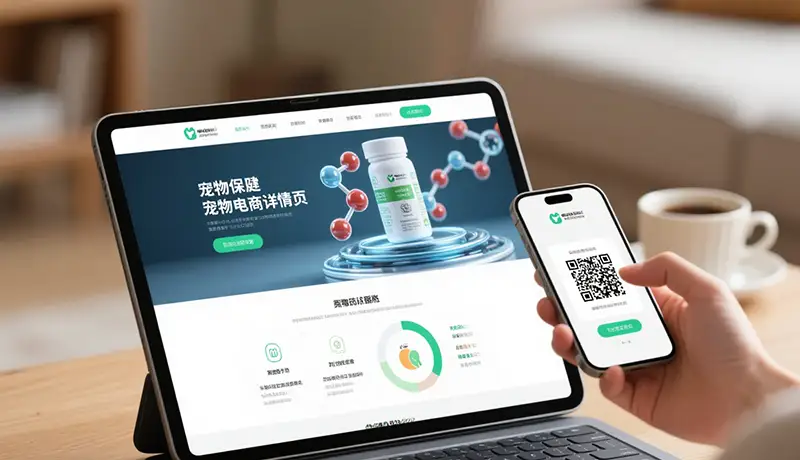 消费者在电商平台仔细查看宠物保健品的科学详情页与动态成分图表。宠物品牌全案设计需覆盖线上决策的关键触点。