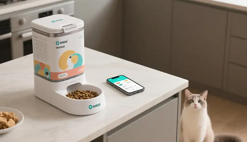 宠物食品包装设计与智能硬件联动的家居美学呈现,展示一体化宠物生活解决方案