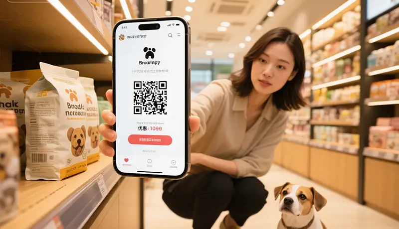 苏州宠物主在高端宠物店扫码连接线上品牌社群,展现跨触点消费旅程闭环