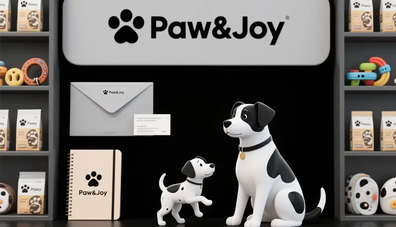 Paw&Joy宠物品牌全案VI设计系统展示,涵盖Logo、商务用品及周边产品,呈现专业宠物品牌全案设计如何构建一致的品牌形象与体验