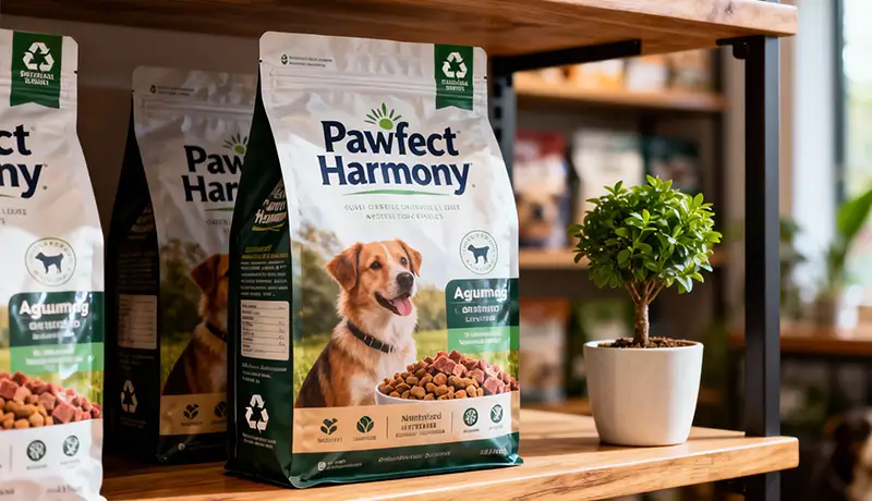 Pawfect Harmony犬粮包装设计在零售场景中的展示，展现杭州宠物包装设计如何通过美学与信息设计提升产品货架竞争力