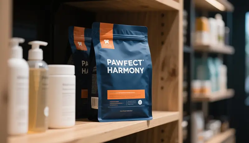 Pawfect Harmony宠物食品包装设计在精品店货架上的陈列效果，展示宠物品牌设计公司通过包装塑造高端品牌形象与吸引力的成果
