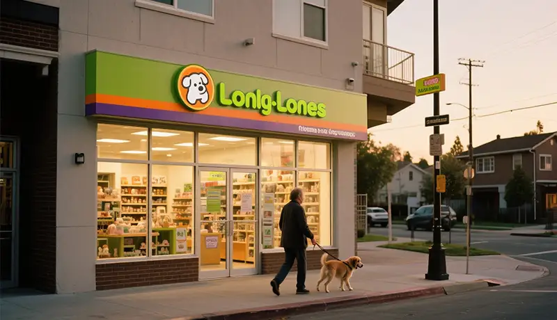 连锁宠物店品牌设计系统展示:位于社区街角的连锁宠物店,统一鲜明的门头设计与温暖的室内灯光,与傍晚散步的居民和宠物构成和谐画面,体现标准化与社区融合。