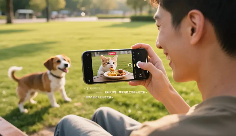 宠物品牌社群营销:年轻宠物主在公园里边遛狗边用手机观看宠物品牌短视频,屏幕上显示可爱的宠物内容和产品信息