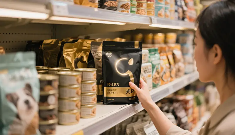 宠物食品包装设计对比:超市货架上,一款设计出众的宠物食品包装在众多商品中脱颖而出,吸引消费者目光
