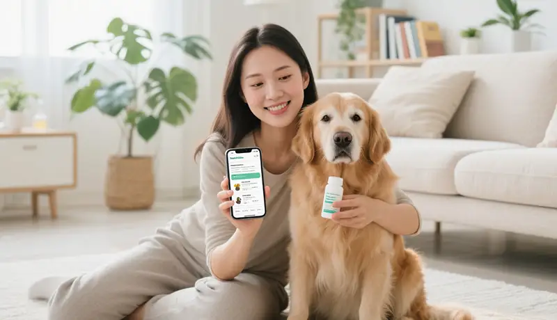 专注的宠物主在家中和金毛犬一起,通过手机研究宠物保健品成分,体现现代消费者对科学证据的重视。专业的宠物品牌设计公司需理解这一场景。