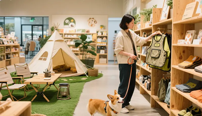 宠物品牌全案设计应用于零售:宠物生活馆内,采用场景化陈列,如露营主题区,顾客带着爱犬在帐篷旁挑选商品,创造沉浸式购物体验。