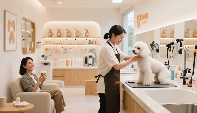 宠物店形象设计案例:高端宠物洗护店内,专业美容师在明亮的开放式工作台为贵宾犬进行护理,主人在舒适等候区观看,体现系统化设计的仪式感。