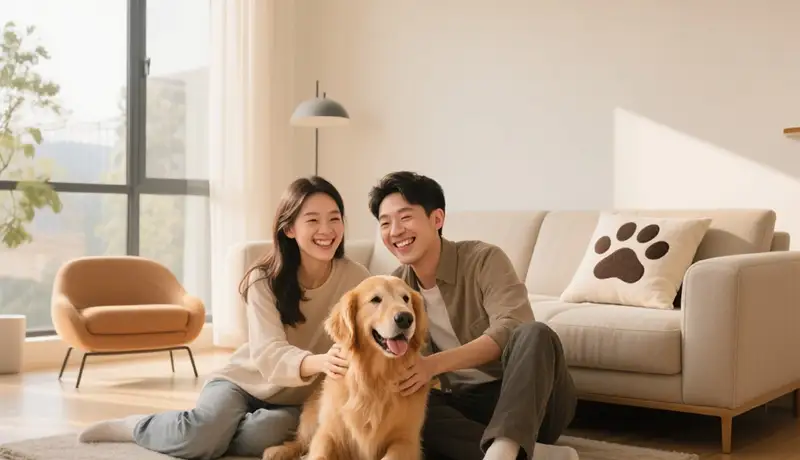 杭州宠物品牌设计公司诠释人宠情感:年轻家庭在温馨客厅与宠物狗亲密互动,体现宠物品牌全案设计所追求的生活方式共鸣。