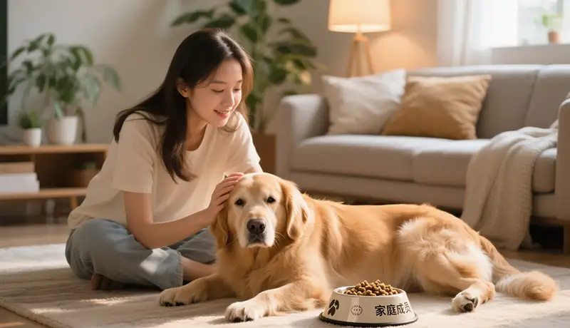 杭州宠物品牌设计公司分享:现代家庭将宠物视为家人,人宠在温馨客厅中亲密互动的情感化生活场景