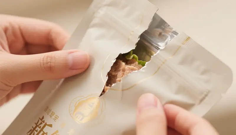 高端宠物食品包装设计展示:特写镜头下,一双人手正在开启一包设计奢华、材质独特的宠物湿粮,展现精致的封口工艺与内容物