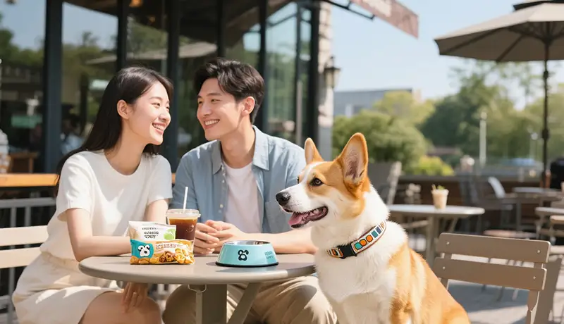 杭州高端宠主与爱犬在户外咖啡馆享受优质生活,体现宠物品牌带来的情感溢价与身份认同