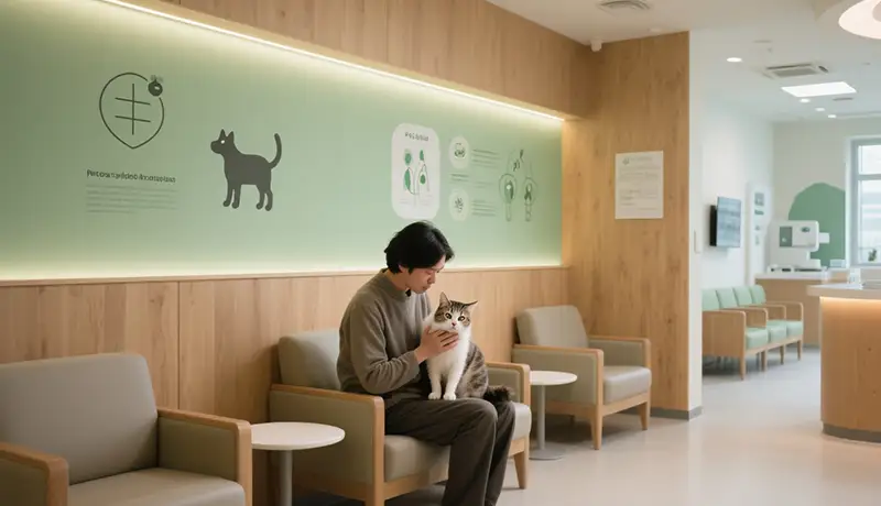 宠物医院品牌设计:现代宠物医院候诊区,主人安抚着怀中的猫咪,环境以柔和的木色与绿色为主,空间开阔安静,传达专业与安心的品牌信任。