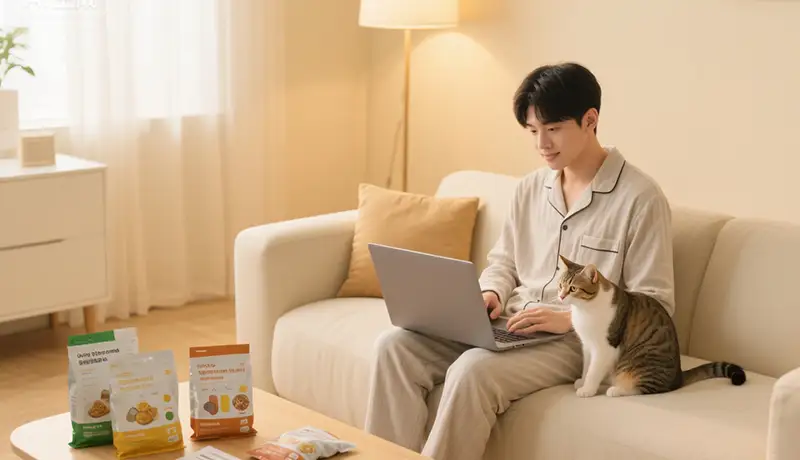 杭州年轻宠主在家研究宠物食品成分,展现科学喂养与情感陪伴场景 - 奥扬宠物品牌设计洞察