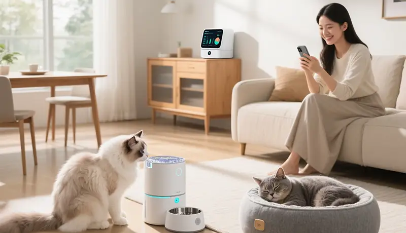 杭州宠物品牌设计公司诠释科技与情感一体化的智能宠物家居场景:智能饮水机、猫窝与投食器融入现代家庭生活